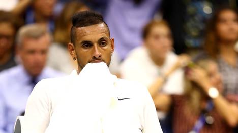 NEW YORK, NEW YORK - AUGUST 31: Nick Kyrgios of Australia reacts during his Men's Singles third round match against Andrey Rublev of Russia on day six of the 2019 US Open at the USTA Billie Jean King National Tennis Center on August 31, 2019 in Queens borough of New York City. (Photo by Clive Brunskill/Getty Images)