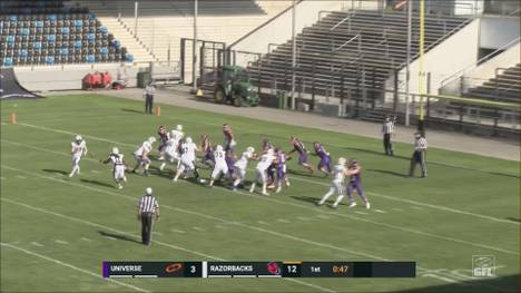 Starker Auftritt der Razorbacks gegen Universe. Beim 64:22-Sieg der Ravensburger war Frankfurt absolut chancenlos. Ein besonderer Spielzug der Razorbacks erinnert an den Super Bowl 2018. 