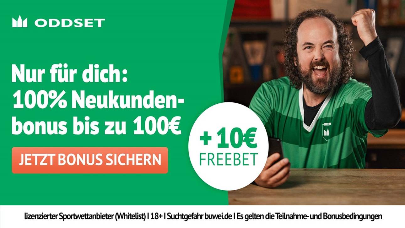 Bei Oddset dürfen sich Kunden über einen 100€ Bonus samt 10€ Freebet freuen.