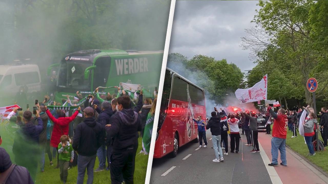 Vor Stadion: Köln-Fans und Bremen-Fans motivieren mit Pyrotechnik und Gesängen