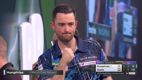 Luke Humphries gewinnt das Achtelfinale gegen Kevin Doets und steht im Viertelfinale der Darts-WM. Somit ist er nur noch drei Siege von seinem großen Ziel entfernt: Der WM-Titel