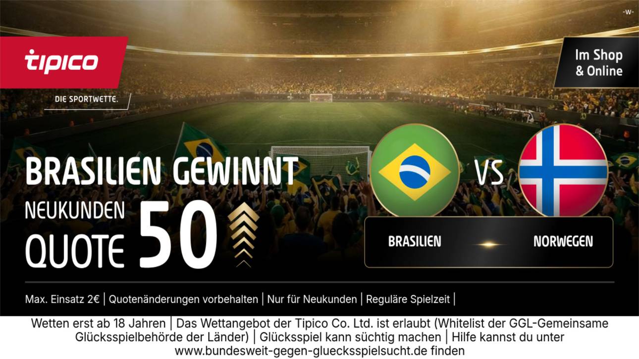 WM-HAMMER: Unfassbare 50,00 Quote auf Brasilien! Tipico zündet den Turbo für den Sieg gegen Norwegen!