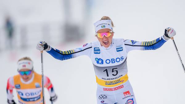 Winner Frida Karlsson (R) from Sweden reacts at the end of the Women's 30km classical cross-country skiing race at the FIS World Cup Nordic on March 7, 2020 in Holmenkollen, Norway. (Photo by Annika BYRDE / NTB Scanpix / AFP) / Norway OUT (Photo by ANNIKA BYRDE/NTB Scanpix/AFP via Getty Images)