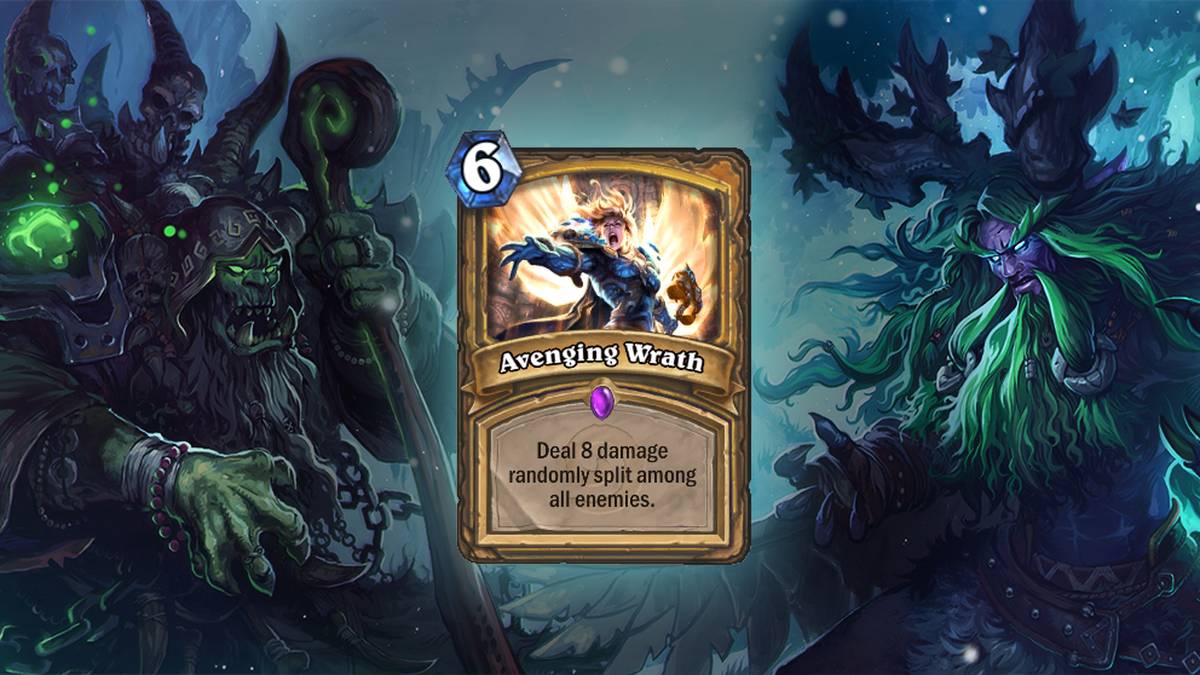 Zornige Vergeltung (Avenging Wrath) - Verursacht 8 Schaden, der zufällig auf alle Feinde verteilt wird. Diese Karte wird zweimal im Deck gespielt