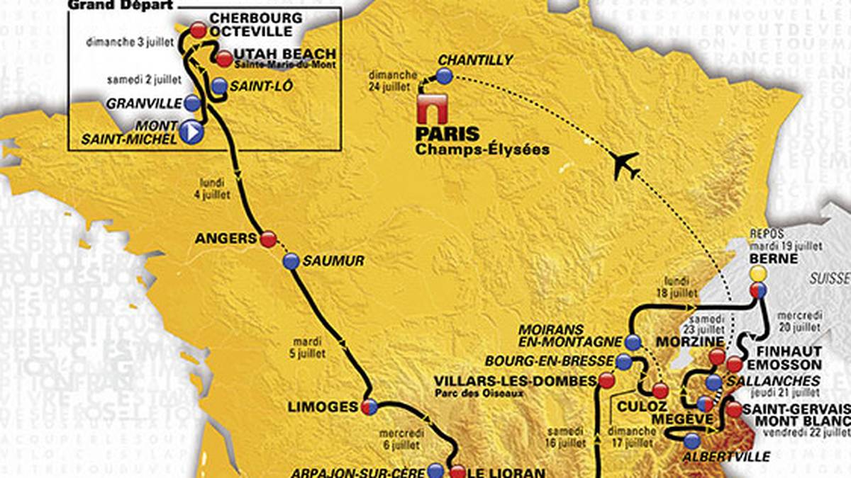 Die große Schleife verläuft in diesem Jahr erneut entgegen des Uhrzeigersinns und steuert die Pyrenäen vor den Alpen an.  Die 103. Auflage der Tour de France startet im nordfranzösischen Departement La Manche. SPORT1 zeigt die Streckenprofile der 21 Etappen