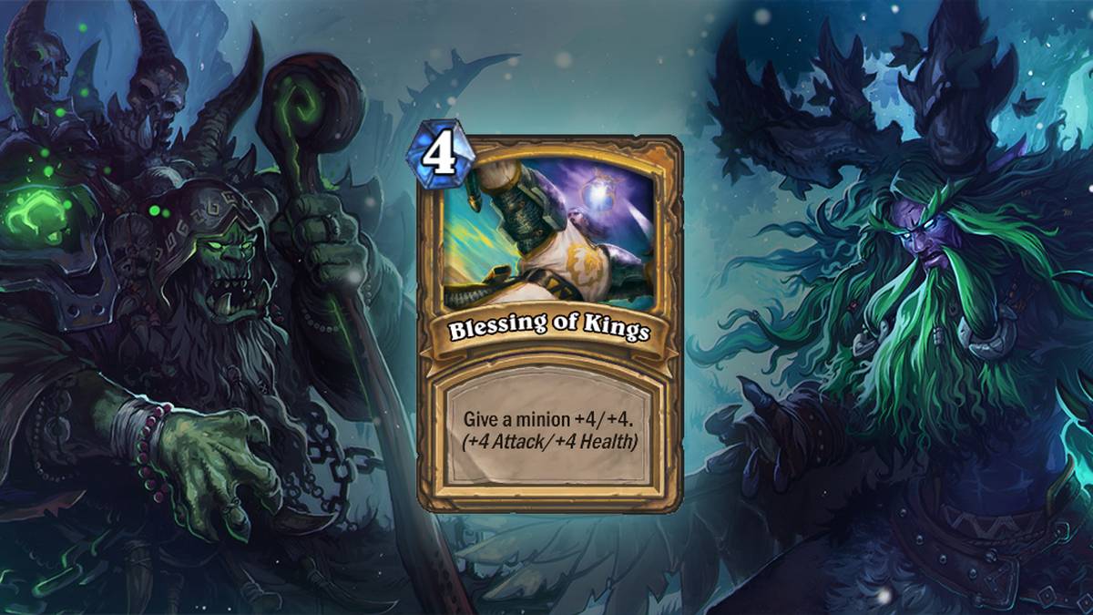 Segen der Könige (Blessing of Kings) - Verleiht einem Diener +4/+4. (+4 Angriff/+4 Leben). Diese Karte wird zweimal im Deck gespielt