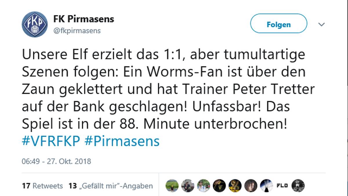 Eklat in der Regionalliga Südwest - Fan schlägt Trainer von FK Pirmasens Tweet des FK Pirmasens zu dem Vorfall