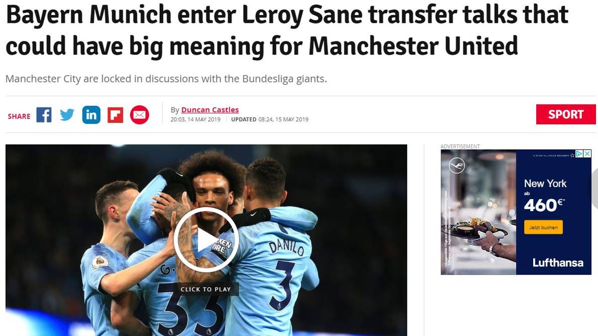 14. MAI: Die schottische Zeitung "Daily Record" bringt das Gerücht in Umlauf, der FC Bayern sei an Sané interessiert. Dieser sei mit seiner Rolle im Starensemble von Pep Guardiola unzufrieden, auch das finanzielle Angebot für eine Vertragsverlängerung passe ihm nicht