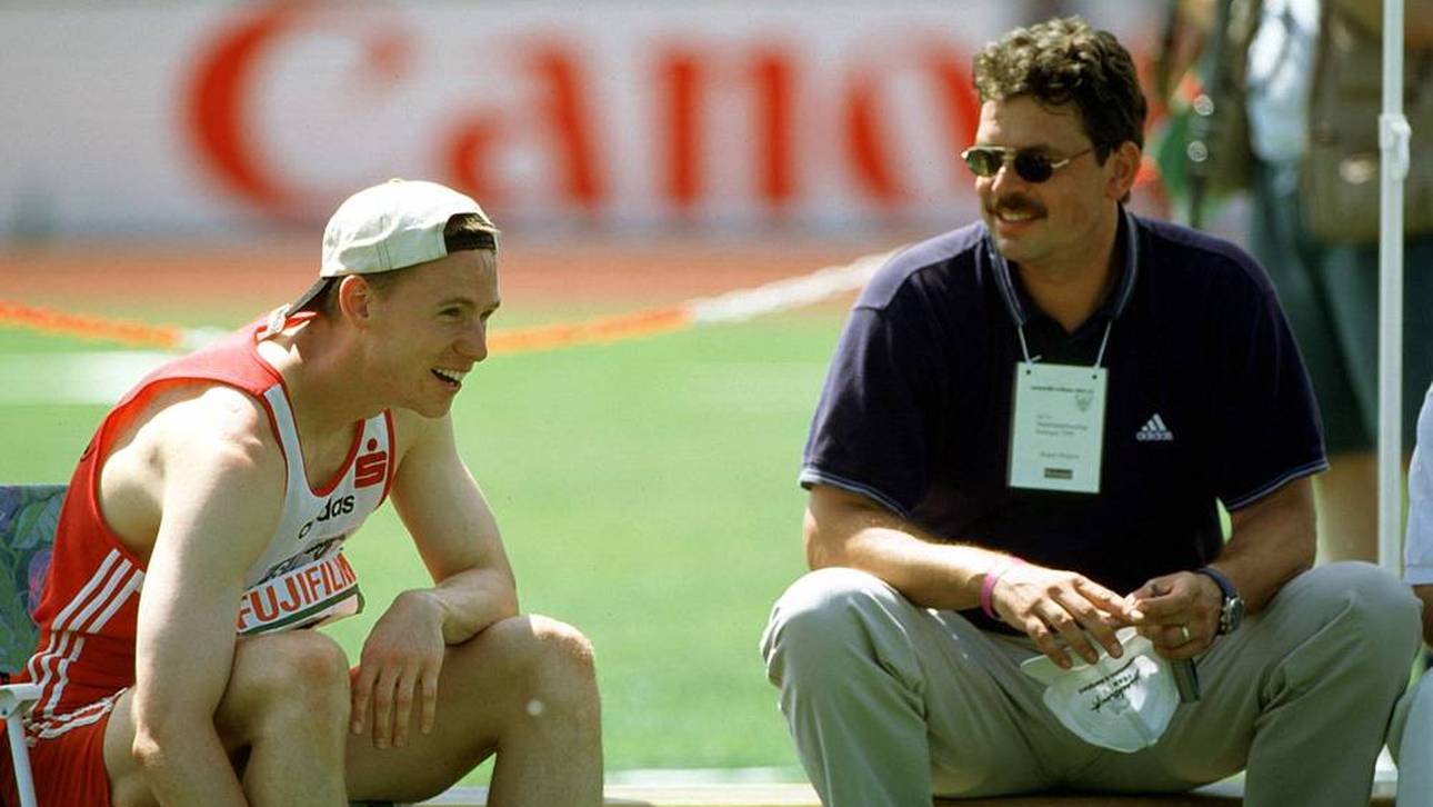 Frank Busemann und Jürgen Hingsen bei einem Meeting im Jahr 1998