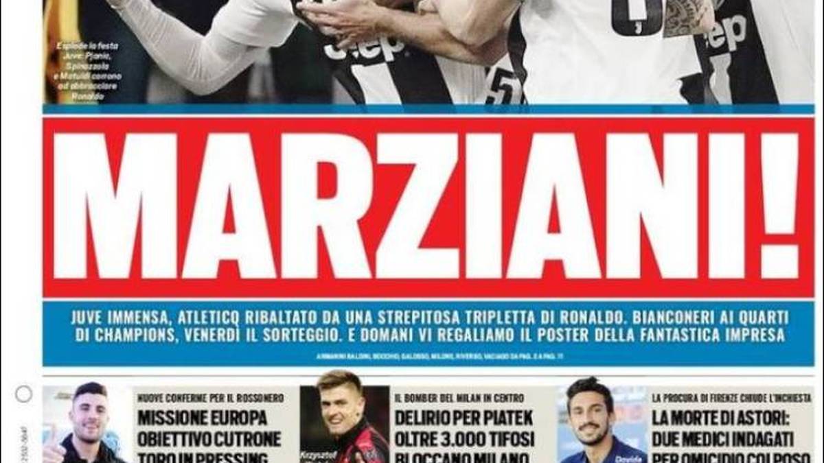 TUTTOSPORT: "Einfach phänomenal! Unvergesslicher Abend für Ronaldo. Juve schafft ein wahnsinniges Spiel mit einem wahnsinnigen Bernardeschi und einem tollen Emre Can." 