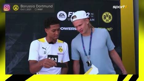 Jude Bellingham präsentiert seinem BVB-Kollegen Erling Haaland dessen Bewertung im neuen Teil der FIFA-Reihe. Der Norweger reagiert mit gemischten Gefühlen.