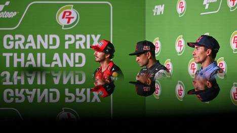 press conference, PK, Pressekonferenz before PT Thailand Grand Prix of MotoGP at Chang International Circuit. October 24, 2024 In picture: Jorge Martin , Francesco Bagnaia and Marc Marquez Rueda de prensa previa al Gran Premio de MotoGP de Thailandia en el Circuito Internacional de Chang. 24 de Octubre de 2024 POOL MotoGP.com Cordon Press Images will be for editorial use only. Mandatory credit: MotoGP.com Cordon Press Cordon Press Cordon Press PUBLICATIONxNOTxINxFRAxESP