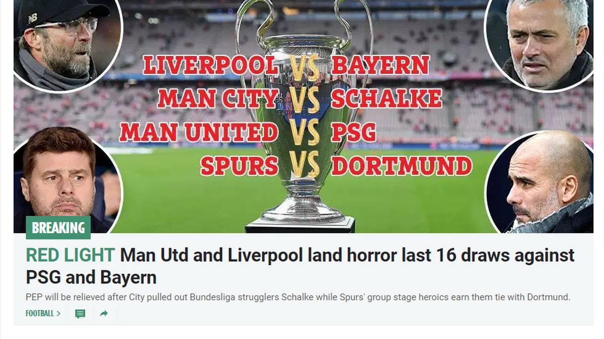 Sun: "Alarmstufe Rot. Manchester United und Liverpool ziehen Horrorlose gegen PSG und Bayern“