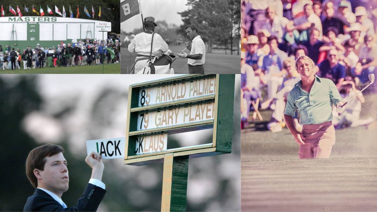 Im Uhrzeigersinn von oben links: Der Augusta-Masters der PGA-Tour im Jahr 2017, Golf-Legende Arnold Palmer und sein Caddy 1969 beim selben Masters, Palmer in 1977 in Augusta, 2016 wird ein Ehrenbord für Palmer und andere Legenden in Augusta präsentiert