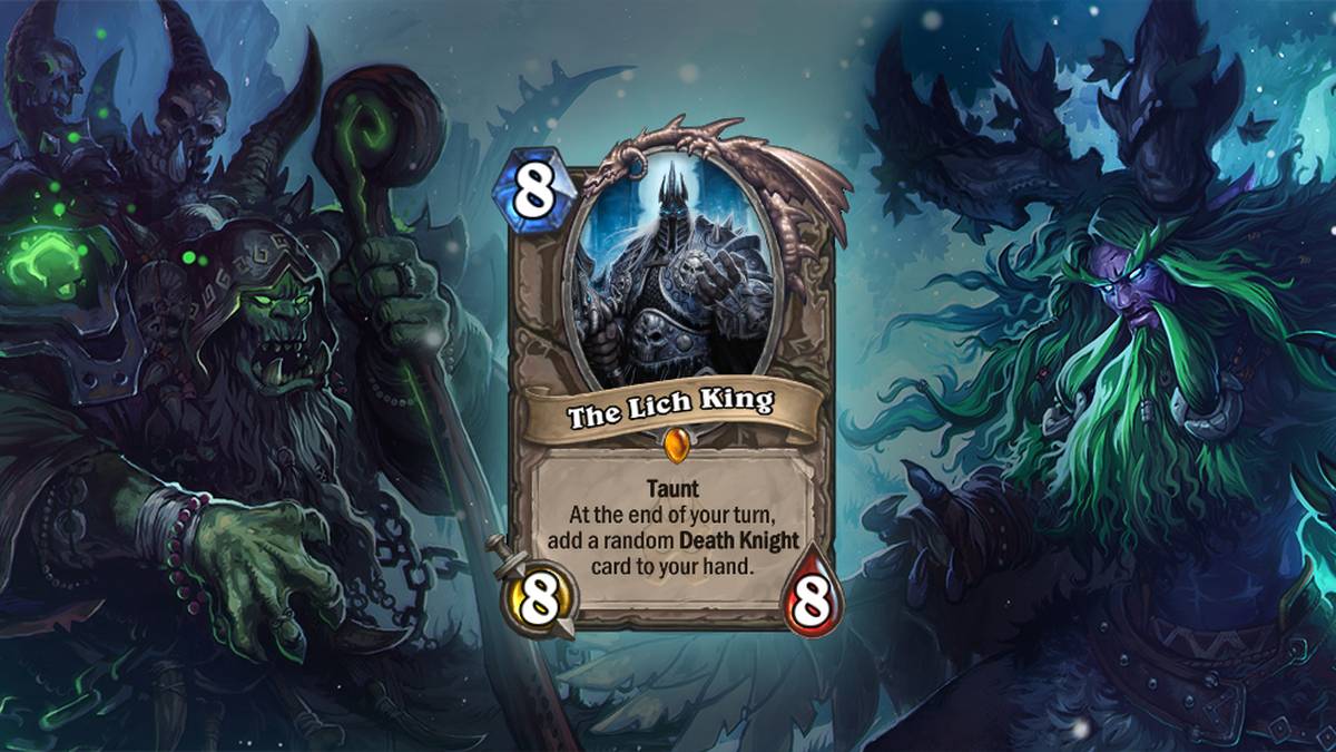 Der Lichkönig (The Lich King) - Spott. Erhaltet am Ende Eures Zuges eine zufällige Todesritterkarte auf die Hand. Diese Karte wird einmal im Deck gespielt