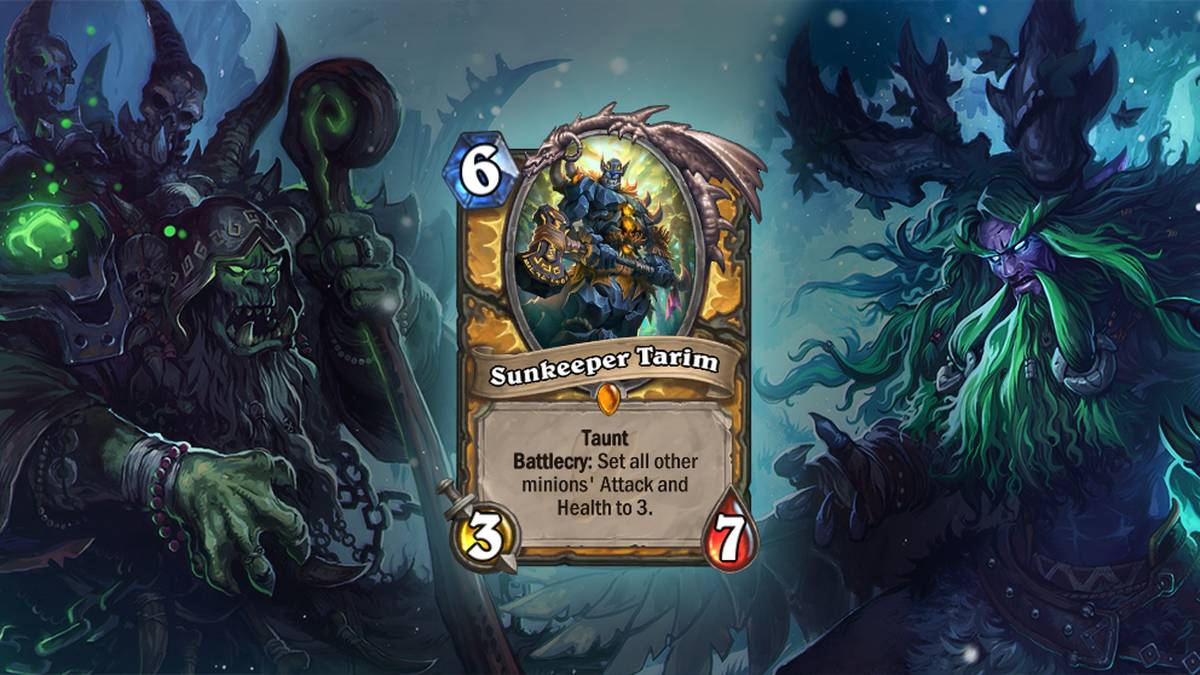 Sonnenhüter Tarim (Sunkeeper Tarim) - Spott. Kampfschrei: Setzt Angriff und Leben aller anderen Diener auf 3. Diese Karte wird einmal im Dekc gespielt