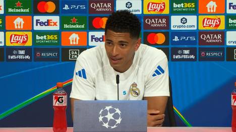 Real Madrids Jude Bellingham wird auf der Pressekonferenz vor dem Spiel gegen Bayern gefragt, ob sein Nationalmannschafts-Kollege Harry Kane den Ballon d'Or gewinnen kann. Der Engländer schwärmt.