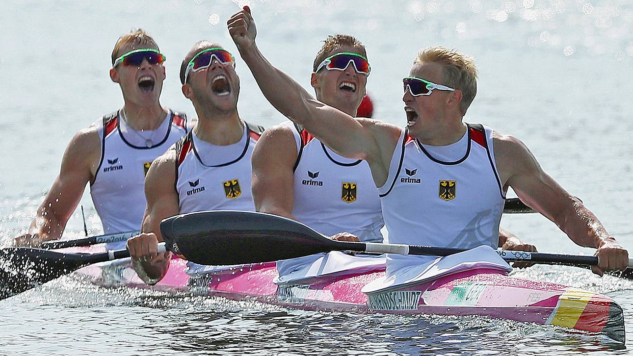 Der Kajak-Vierer mit Max Rendschmidt, Tom Liebscher, Max Hoff und Marcus Groß (v.r.n.l.) siegte mit deutlichem Vorsprung