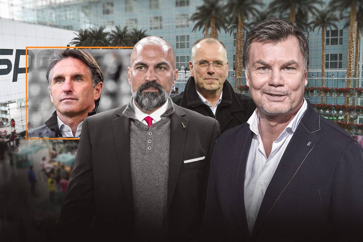 Der CHECK24 Doppelpass vom 31. Mai mit Hertha-Trainer Bruno Labbadia, Thomas Röttgermann, Vorstandsvorsitzender von Fortuna Düsseldorf und Markus Babbel, Ex-Bundesligatrainer.