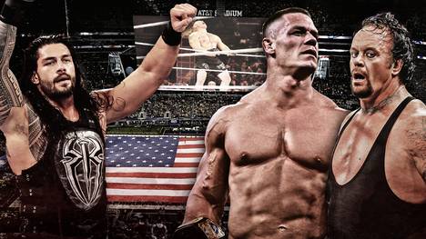Die wahrscheinlichen Protagonisten von WrestleMania 32: Roman Reigns, John Cena, der Undertaker (v.l.)