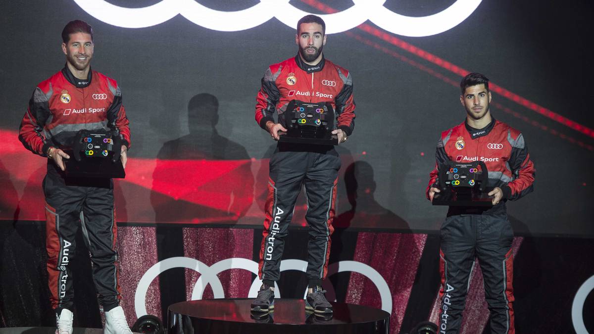 Am Ende aber hat der ehemalige Leverkusener Dani Carvajal (M.) die Nase vorn. Sergio Ramos (l.) und Marco Asensio rasen ebenfalls aufs Podium