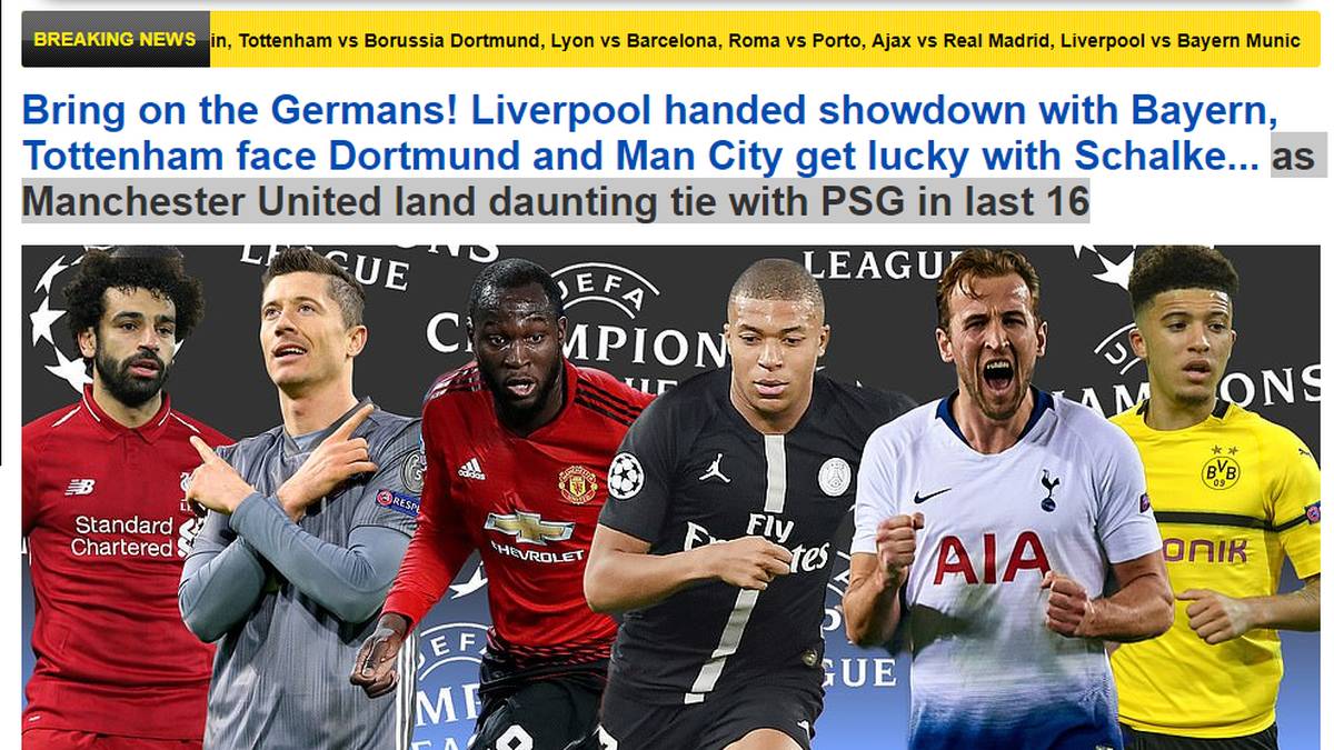 Daily Mail: "Bringt uns die Deutschen! Liverpool bekommt Showdown mit Bayern. ManCity hat Glück mit Schalke. Und Manchester United erhält ein entmutigendes Los mit PSG"