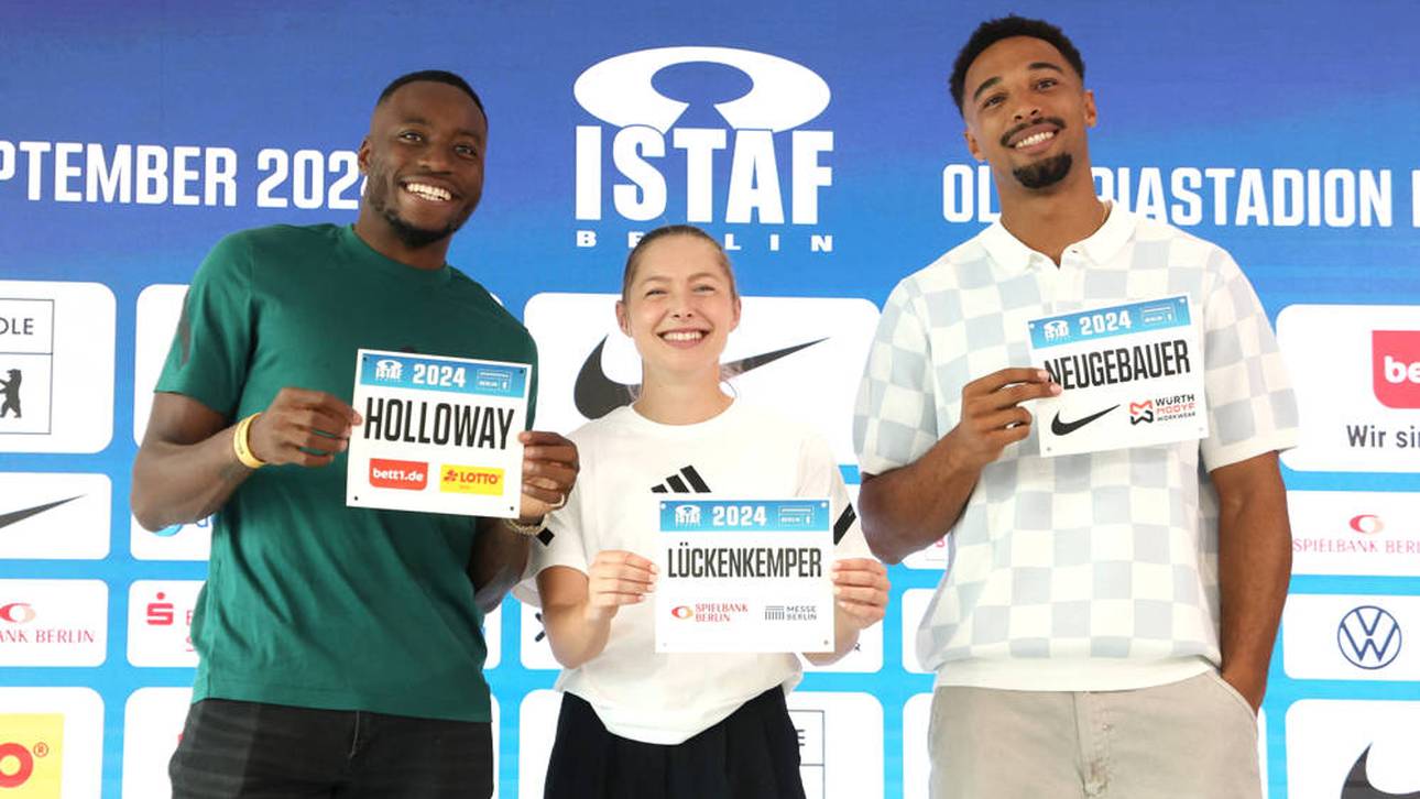 Gina Lückenkemper (mitte), Leo Neugebauer (rechts) und Grant Holloway (links)