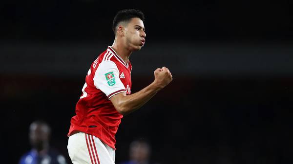 LONDON, ENGLAND - SEPTEMBER 24:  Gabriel Martinelli of Arsenal celebrates scoring the fifth goal during the Carabao Cup Third Round match between Arsenal and Nottingham Forest at Emirates Stadium on September 24, 2019 in London, England. (Photo by Julian Finney/Getty Images)