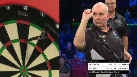 Phil Taylor zeigt sich bei seinem Auftaktmatch beim World Seniors Darts Masters in Bestform. Gegen John Part hat der Rekordweltmeister keine Mühe.