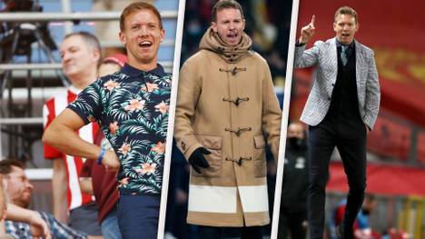 Julian Nagelsmann fällt mal wieder mit seinem Outfit auf: Gegen Dynamo Kiew ragen Mantel und Socken heraus. SPORT1 zeigt den Kleiderschrank des Bayern-Trainers.