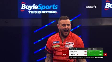 Im Duell der beiden Engländer setzt sich im letzten Satz Joe Cullen gegen Chris Dobey durch und zieht somit ins Halbfinale des Darts World Grand Prix ein. 