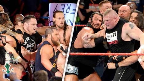 Brock Lesnar (Mitte rechts) ließ sich nur schwer von WWE-Rivale Samoa Joe trennen