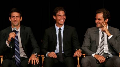 NEW YORK, NY - AUGUST 23:  Novak Djokovic of Serbia; Rafael Nadal of Spain and Roger Federer of Switzerland on stage during the ATP Heritage Celebration at The Waldorf=Astoria on August 23, 2013 in New York City.  (Photo by Matthew Stockman/Getty Images)