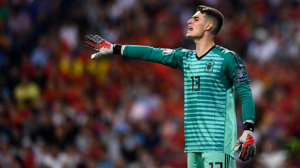 Spain's goalkeeper Kepa Arrizabalaga gestures during the UEFA Euro 2020 group F qualifying football match between Spain and Sweden at the Santiago Bernabeu stadium in Madrid on June 10, 2019. (Photo by OSCAR DEL POZO / AFP)        (Photo credit should read OSCAR DEL POZO/AFP/Getty Images)