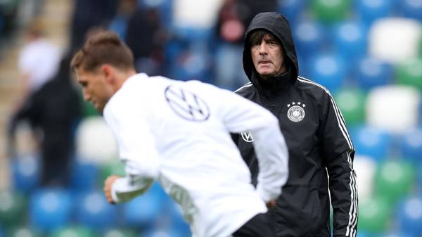 BELFAST, NORTHERN IRELAND - SEPTEMBER 08: Head coach Joachim Loew watches Niklas Stark run during a Germany training session ahead of the UEFA Euro 2020 qualifier match between Northern Ireland and Germany at Windsor Park on September 08, 2019 in Belfast, Northern Ireland. (Photo by Alex Grimm/Bongarts/Getty Images)