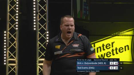 Dirk van Duijvenbode schlägt Ted Evetts in der zweiten Runde der European Darts Open mit 6:3 und zieht ins Achtelfinale ein.