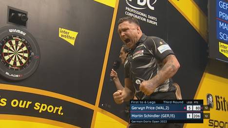 In der dritten Runde der German Open schlägt Gerwyn Price Martin Schindler 6:1 und wird seiner Favoritenrolle gerecht.