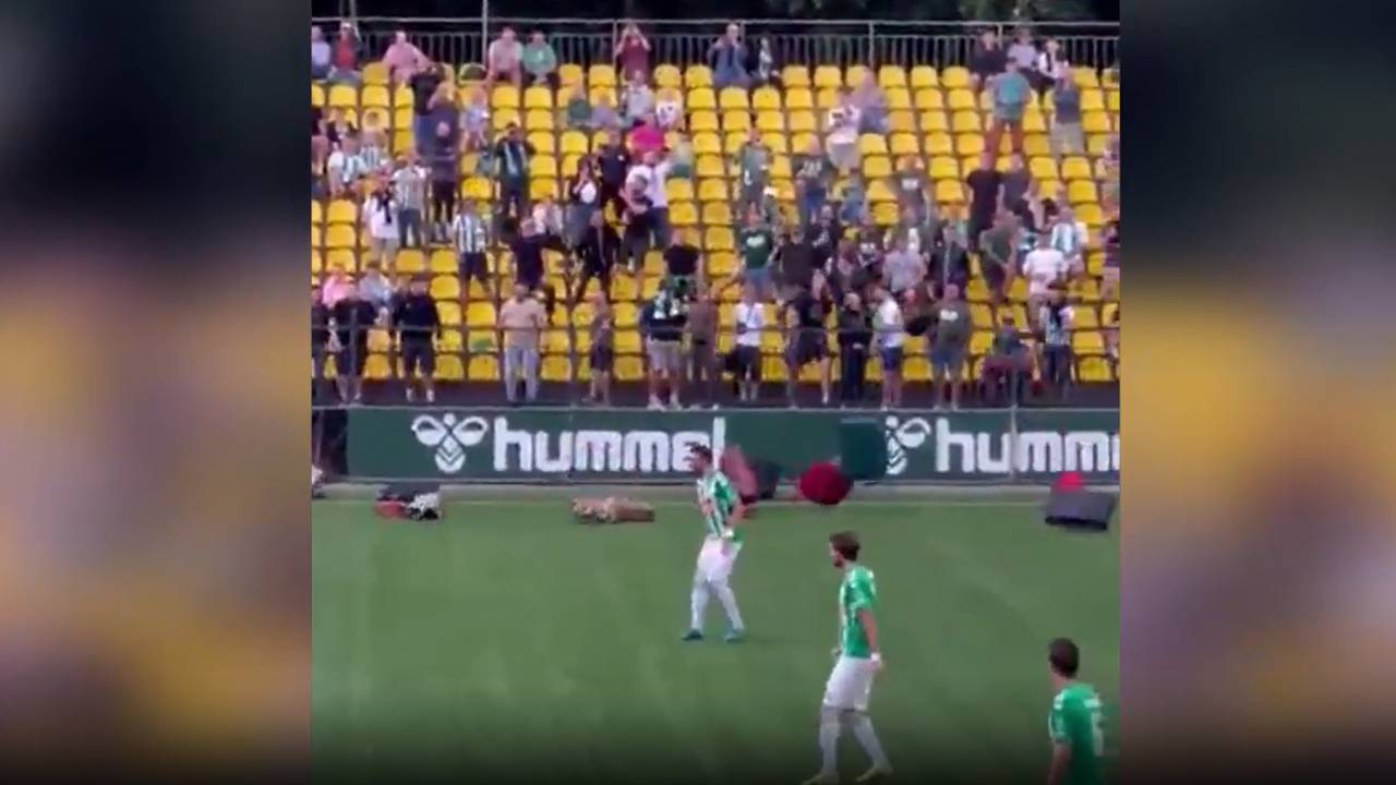 Plötzlich werfen Fans Koffer auf den Rasen