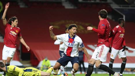 Marquinhos (M.) bejubelt seinen Treffer für PSG im Old Trafford