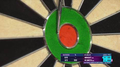 Michael Smith spielt im Halbfinale der Darts World Series eine kuriose Aufnahme. Sein dritter Dart bleibt zwischen den ersten beiden Pfeilen stecken - und sorgt dafür, dass der Caller ganz genau hinschauen muss.