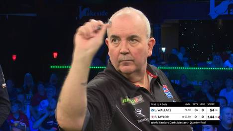 Phil Taylor im im Viertelfinale gegen Les Wallace lange zittern. The Power siegt knapp mit 4:3 und steht im Halbfinale. Les Wallace erheitert die Fans erneut mit seinem Dudelsack Walk-On.