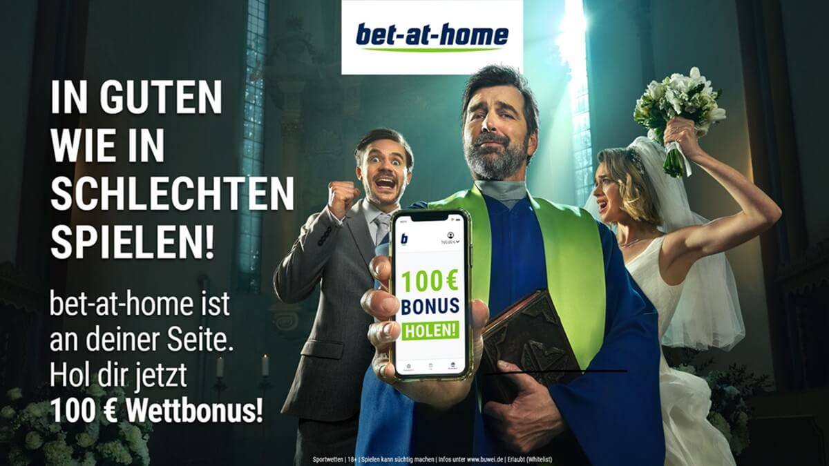 Neuanmeldungen begrüßt Bet-at-home mit dem 100 € Bonus. 
18+ | Es gelten die AGB.