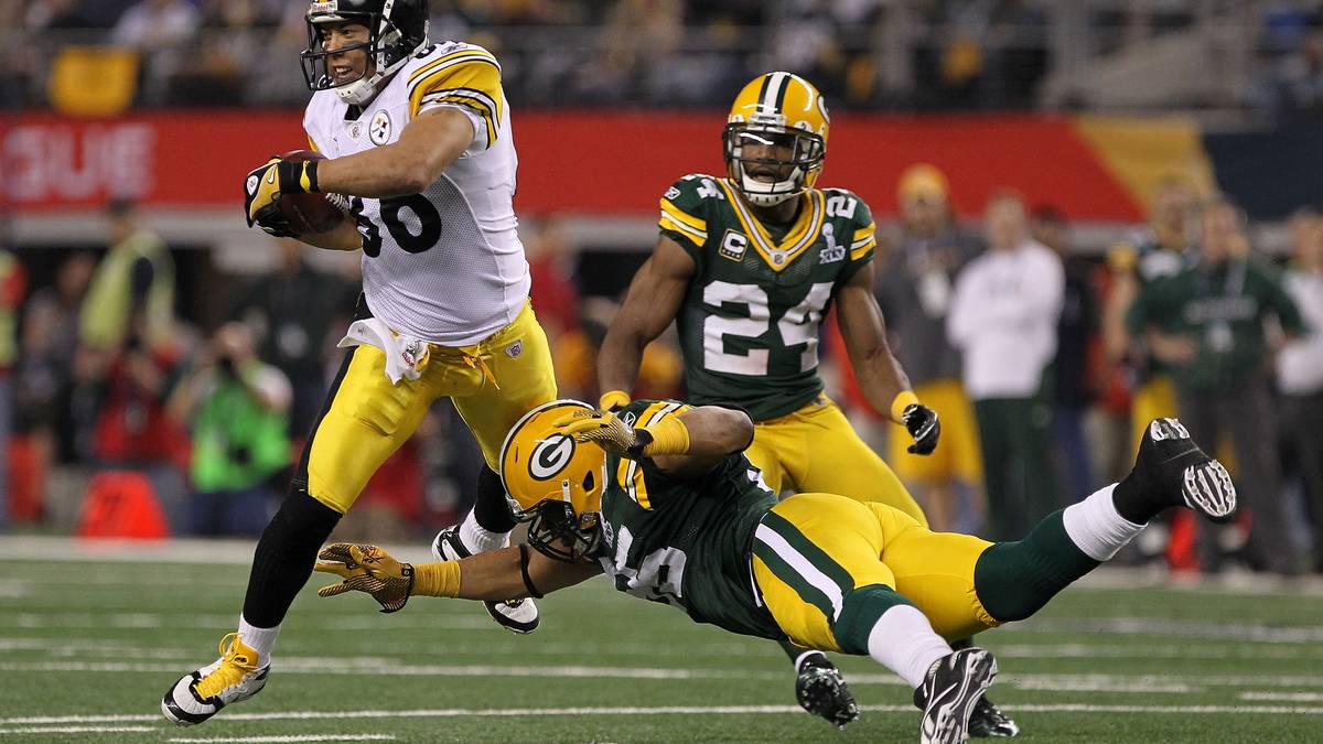 2011, GREEN BAY PACKERS (31:25 gegen die Pittsburgh Steelers): Super Bowl XLV zwischen den Steelers und den Packers gilt bis heute als eines der spektakulärsten Endspiele. Nach einem Blitzstart der Packers kämpfen sich Ben Roethlisberger, Hines Ward (Bild) und Co. in das Spiel zurück und es geht fast ausgeglichen in das letzte Viertel