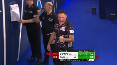 Gerwyn Price siegt im Halbfinale trotz 1:3-Rückstand gegen Stephen Bunting. Insgesamt 13 Mal gelingt beiden Spieler ein Finish über 100, damit steht ein neuer WM-Rekord.