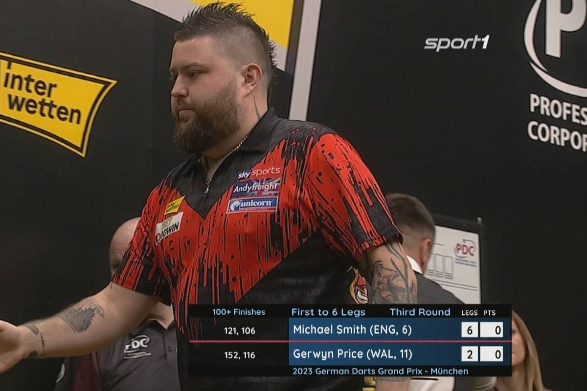 Weltmeister Michael Smith erteilt Gerwyn Price beim German Darts Grand Prix eine Lehrstunde.