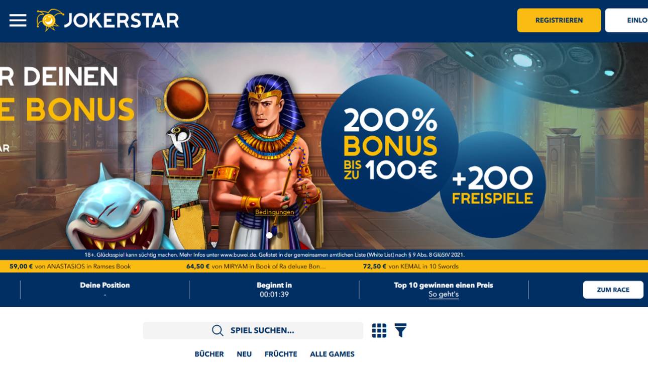 No Joke Bonus - Bei Jokerstar kannst du dir einen 200% Bonus bis 100 € + 200 Freispiele als Neukunde sichern