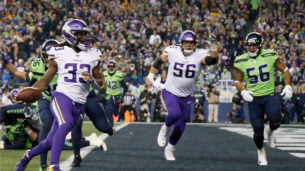 SEATTLE, WASHINGTON - DECEMBER 02:  Running back Dalvin Cook #33 of the Minnesota Vikings rushes for a touchdown in the first quarter against the Seattle Seahawks at CenturyLink Field on December 02, 2019 in Seattle, Washington. (Photo by Otto Greule Jr/Getty Images)