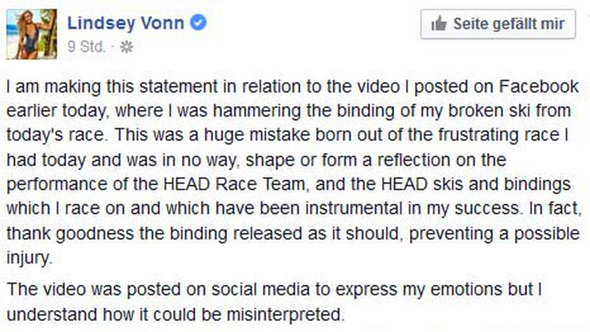 Hier entschuldigt sich Lindsey Vonn auf Facebook