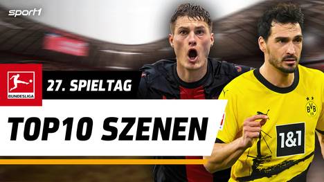 Patrik Schick hält mit einem Last-Minute-Tor die Ungeschlagen-Serie von Bayer Leverkusen am Leben, Mats Hummels und Borussia Dortmund gewinnen nach 10 Jahren mal wieder beim FC Bayern München in der Allianz Arena und könnten damit die Meisterschaft entschieden haben. Der VfB Stuttgart patzt im Rennen um die Champions League erst folgenschwer, kann sich dann aber auf Nationalspieler Deniz Undav verlassen. Das sind die Top 10 Szenen des 27. Spieltags der Bundesliga.