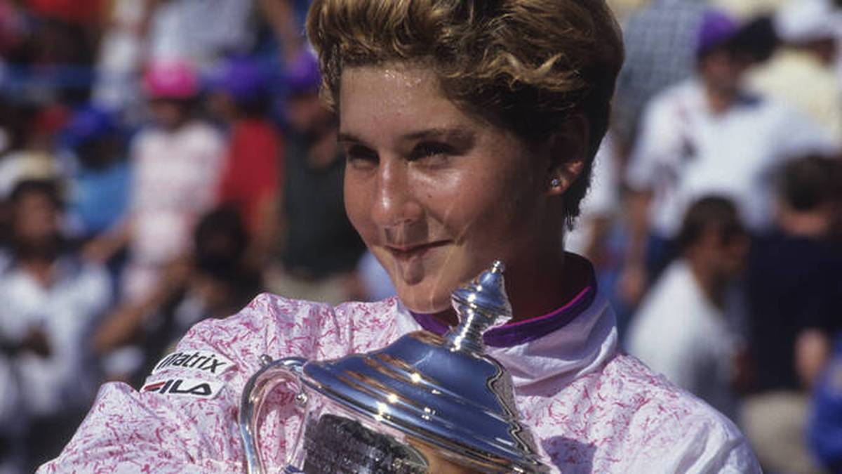 Monica Seles beim Gewinn der US Open 1991